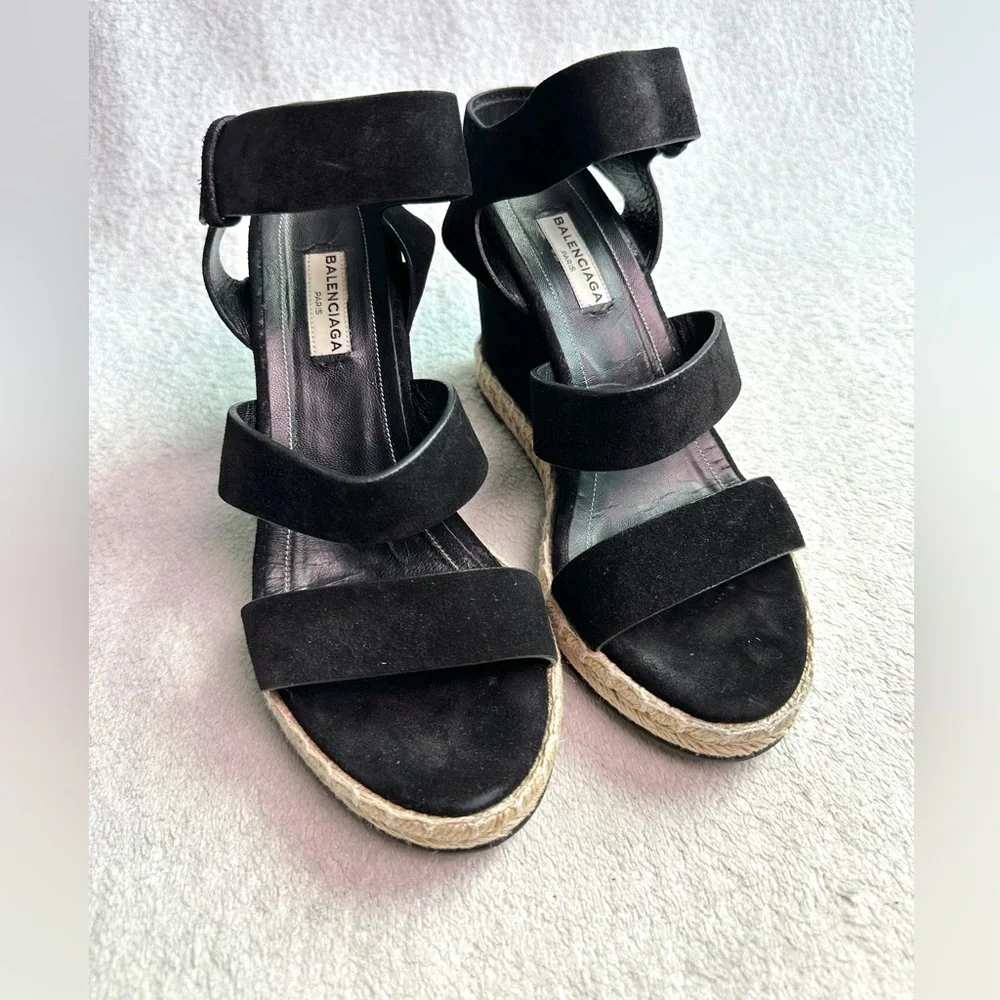 EUC Balenciaga Suede Platform Sandals Black sz 7 EU‎ 37 rope track leather wedge